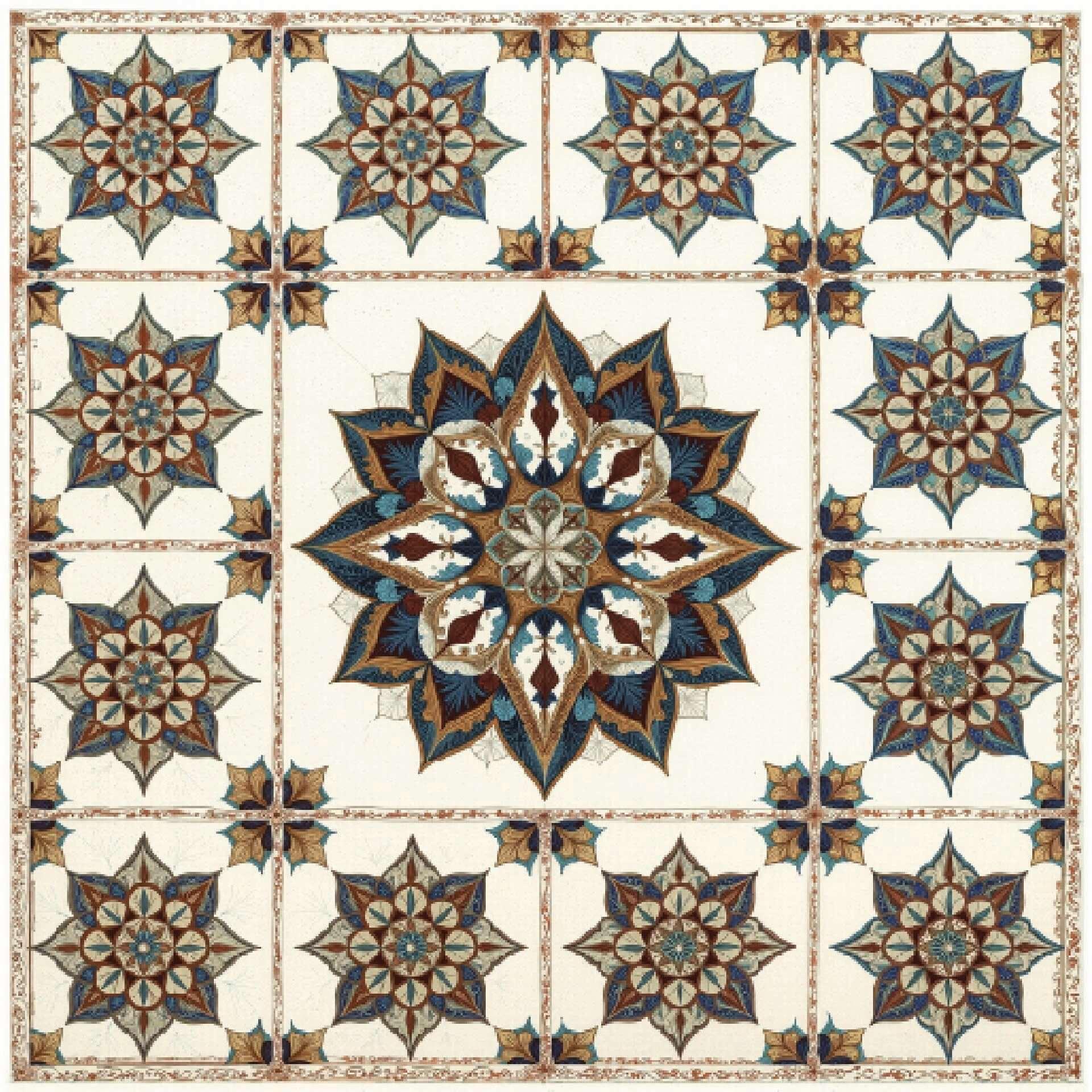 Artisanal zellige revival wallpaper with intricate floral geometric patterns in blue, brown, and cream.