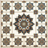 Artisanal zellige revival wallpaper with intricate floral geometric patterns in blue, brown, and cream.