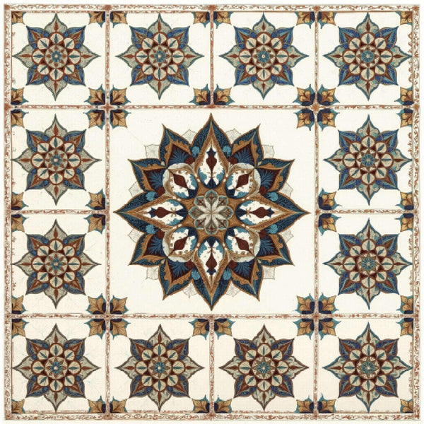 Artisanal zellige revival wallpaper with intricate floral geometric patterns in blue, brown, and cream.