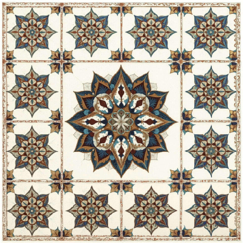 Artisanal zellige revival wallpaper with intricate floral geometric patterns in blue, brown, and cream.