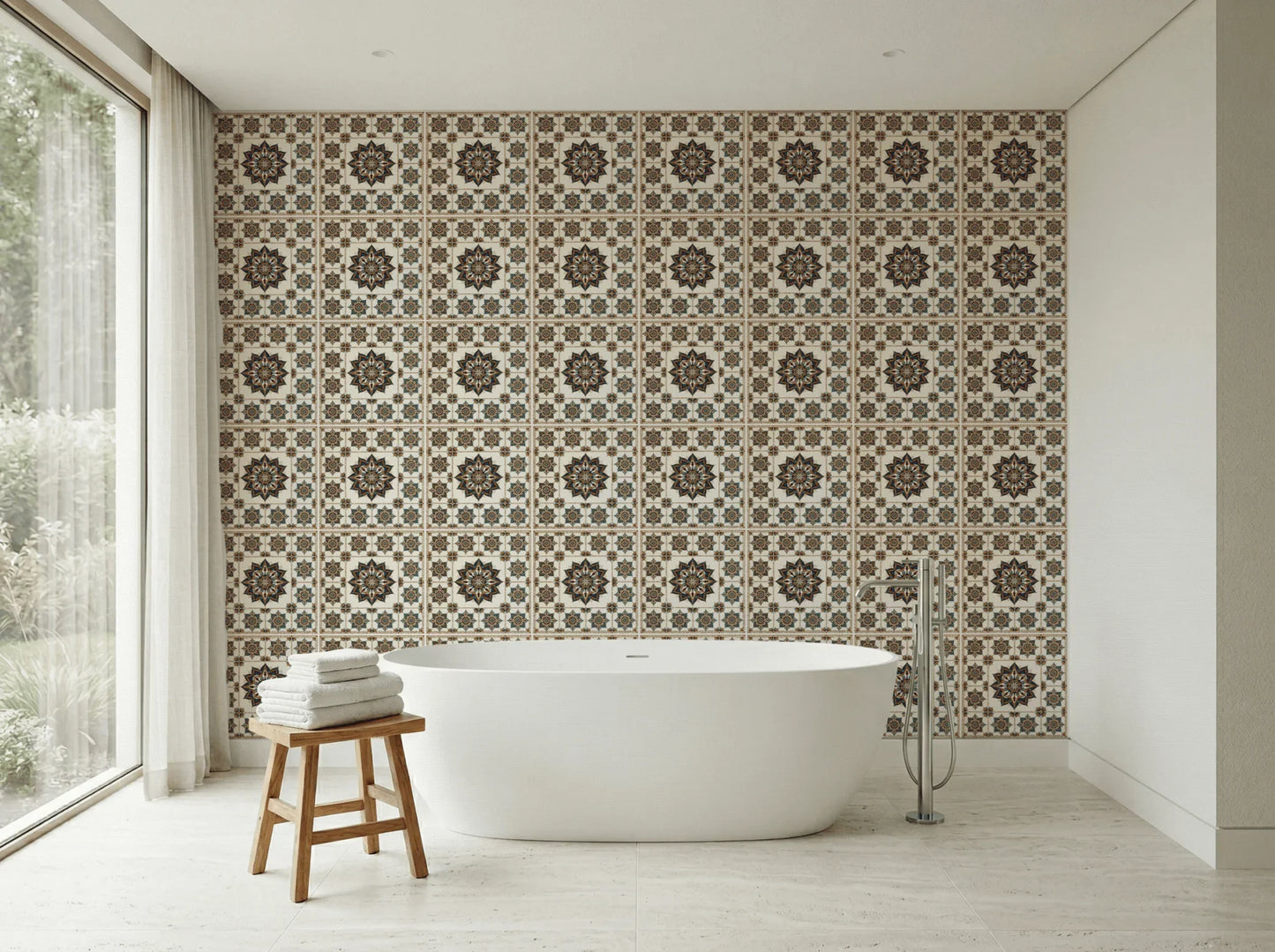 Moroccan zellige tile wallpaper in brown and cream pattern behind modern white bathtub