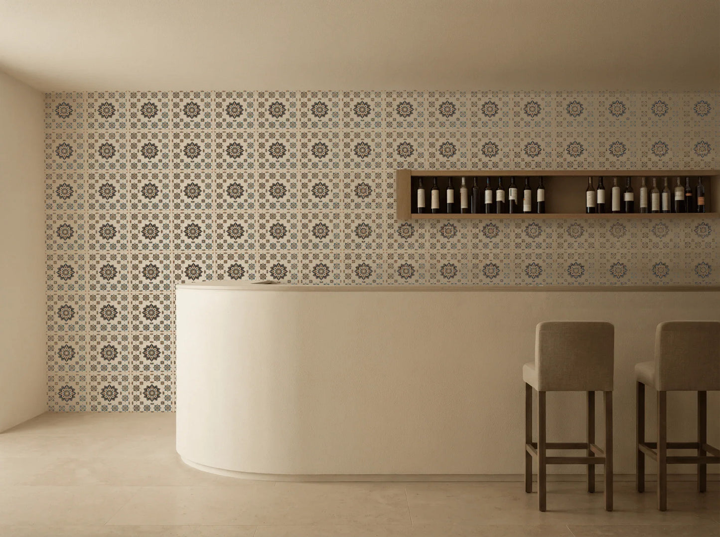 Artisanal zellige pattern wallpaper with geometric motifs in a neutral-toned modern bar