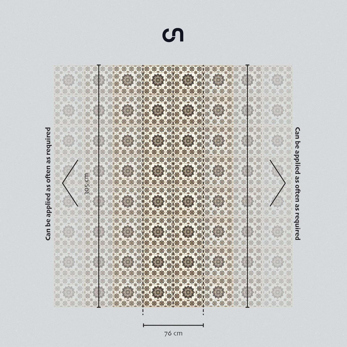 Artisanal zellige revival wallpaper sample with geometric Moroccan tile pattern, Fes palette, shown with repeatable panel dimensions 76 cm by 305 cm.
