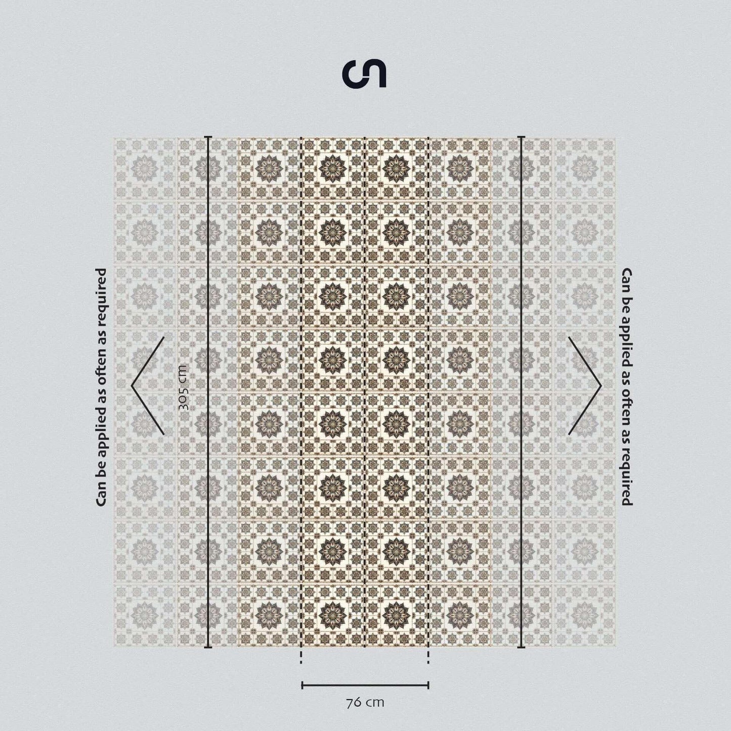 Artisanal zellige revival wallpaper sample with geometric Moroccan tile pattern, Fes palette, shown with repeatable panel dimensions 76 cm by 305 cm.