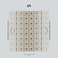 Artisanal zellige revival wallpaper sample with geometric Moroccan tile pattern, Fes palette, shown with repeatable panel dimensions 76 cm by 305 cm.