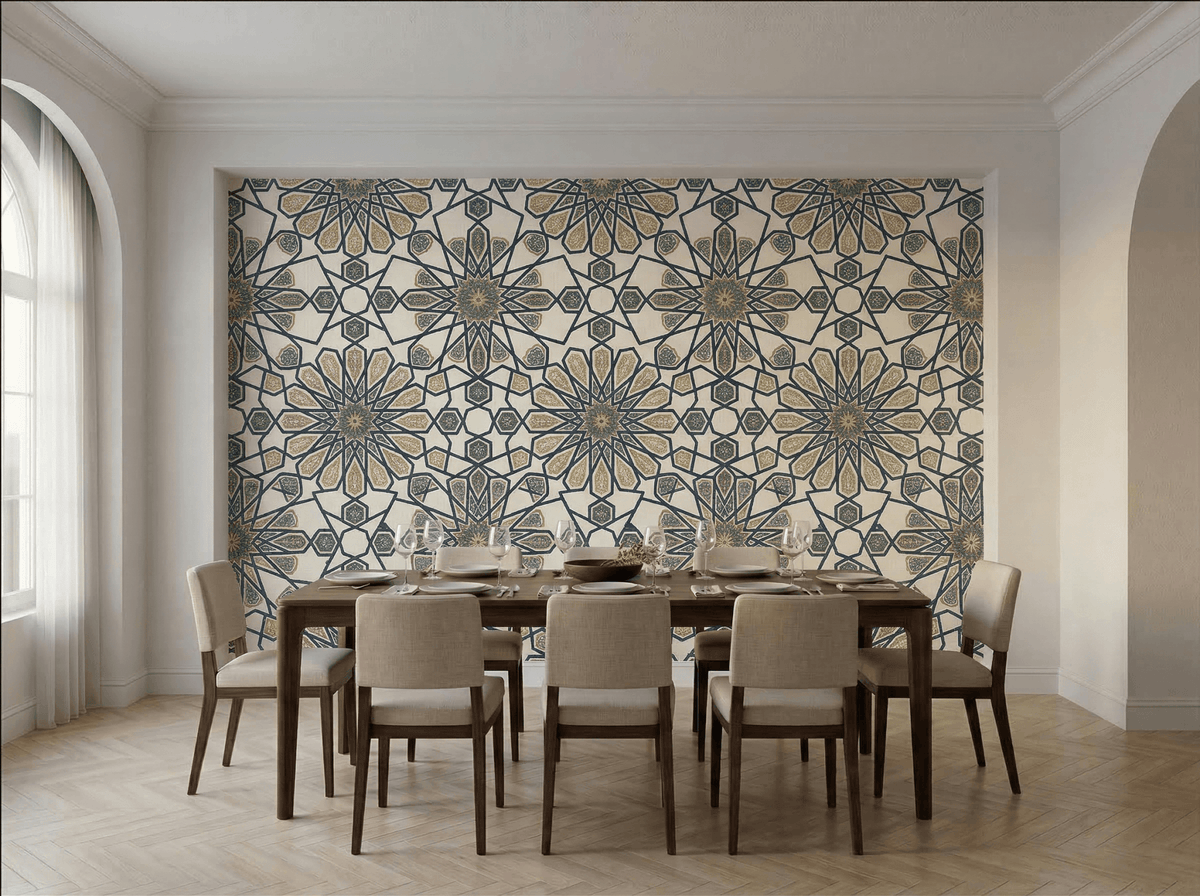 Geometric Heritage Luxe Wallpaper – Prussian Blue & Aged Gold | Carta Noor - Carta Noor
