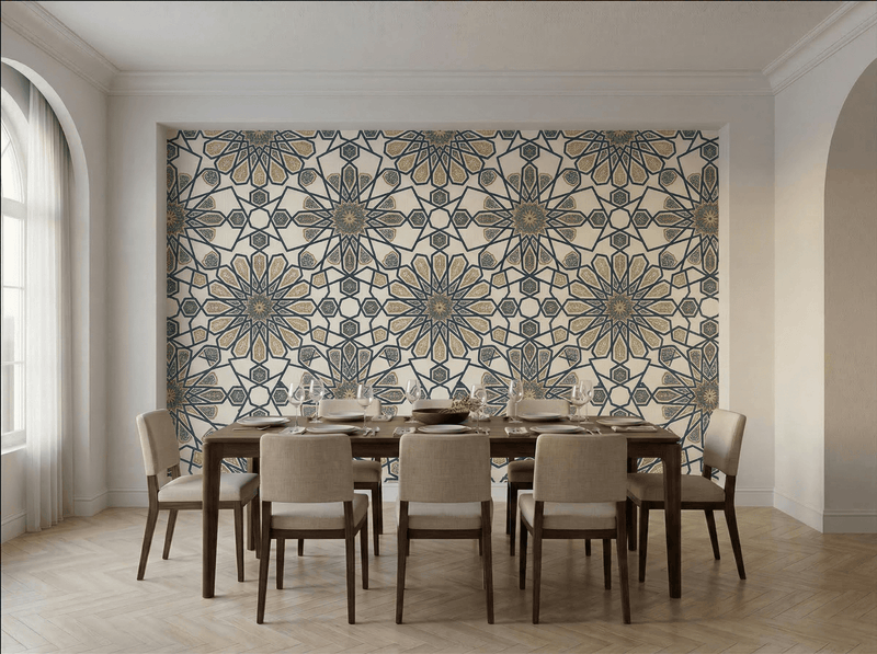 Geometric Heritage Luxe Wallpaper – Prussian Blue & Aged Gold | Carta Noor - Carta Noor