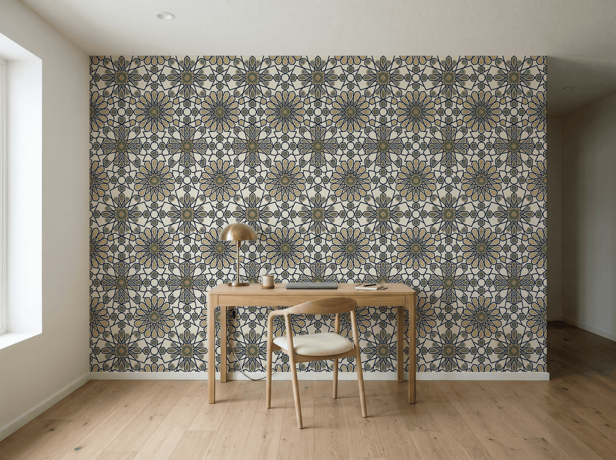 Geometric Heritage Luxe Wallpaper – Prussian Blue & Aged Gold | Carta Noor - Carta Noor