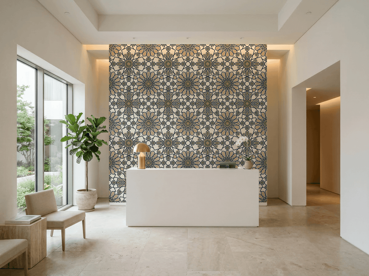 Geometric Heritage Luxe Wallpaper – Prussian Blue & Aged Gold | Carta Noor - Carta Noor