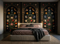 The Inlaid Garden Mughal pietra dura arch wallpaper behind the bed in a dark bedroom