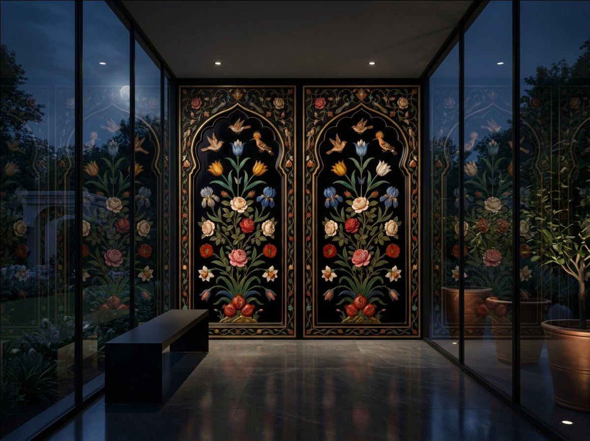 The Inlaid Garden Mughal pietra dura arch wallpaper in a glass garden pavilion at night