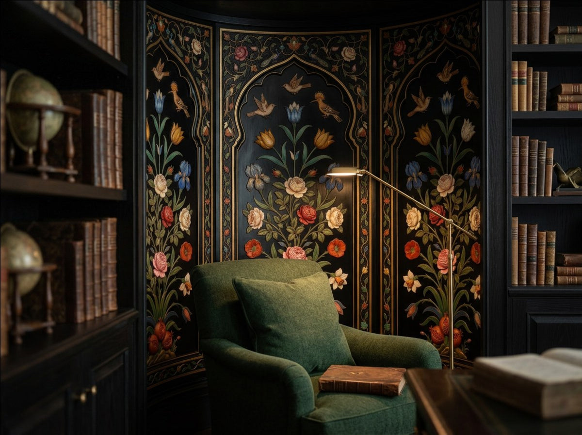 The Inlaid Garden Mughal pietra dura arch wallpaper in a library reading corner with a green armchair