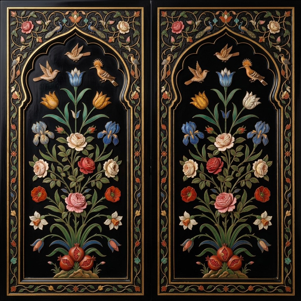 The Inlaid Garden wallpaper pattern swatch: Mughal arch niches in black with inlay-look flowering plants, hoopoes and songbirds inside gold-line vine borders