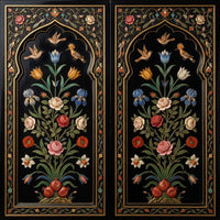 The Inlaid Garden wallpaper pattern swatch: Mughal arch niches in black with inlay-look flowering plants, hoopoes and songbirds inside gold-line vine borders