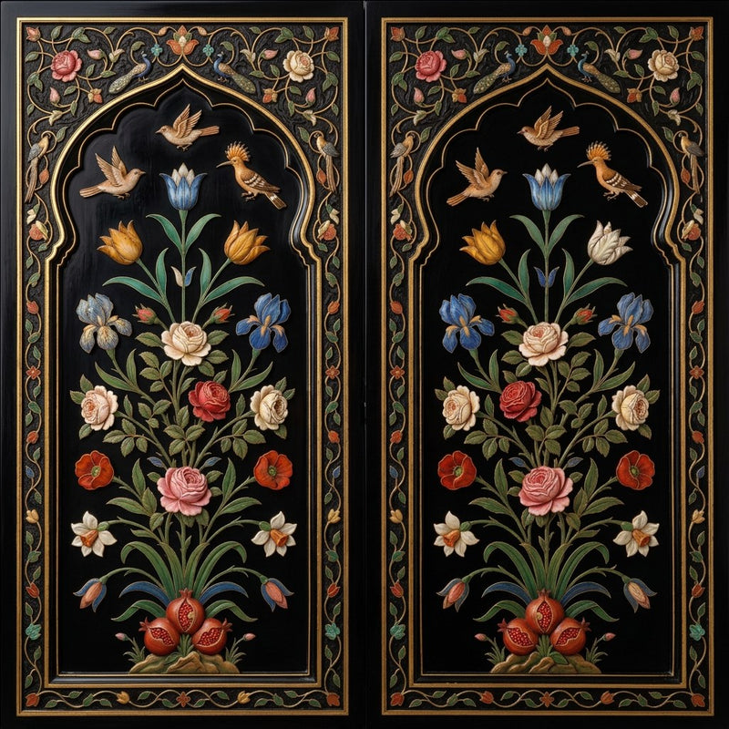 The Inlaid Garden wallpaper pattern swatch: Mughal arch niches in black with inlay-look flowering plants, hoopoes and songbirds inside gold-line vine borders