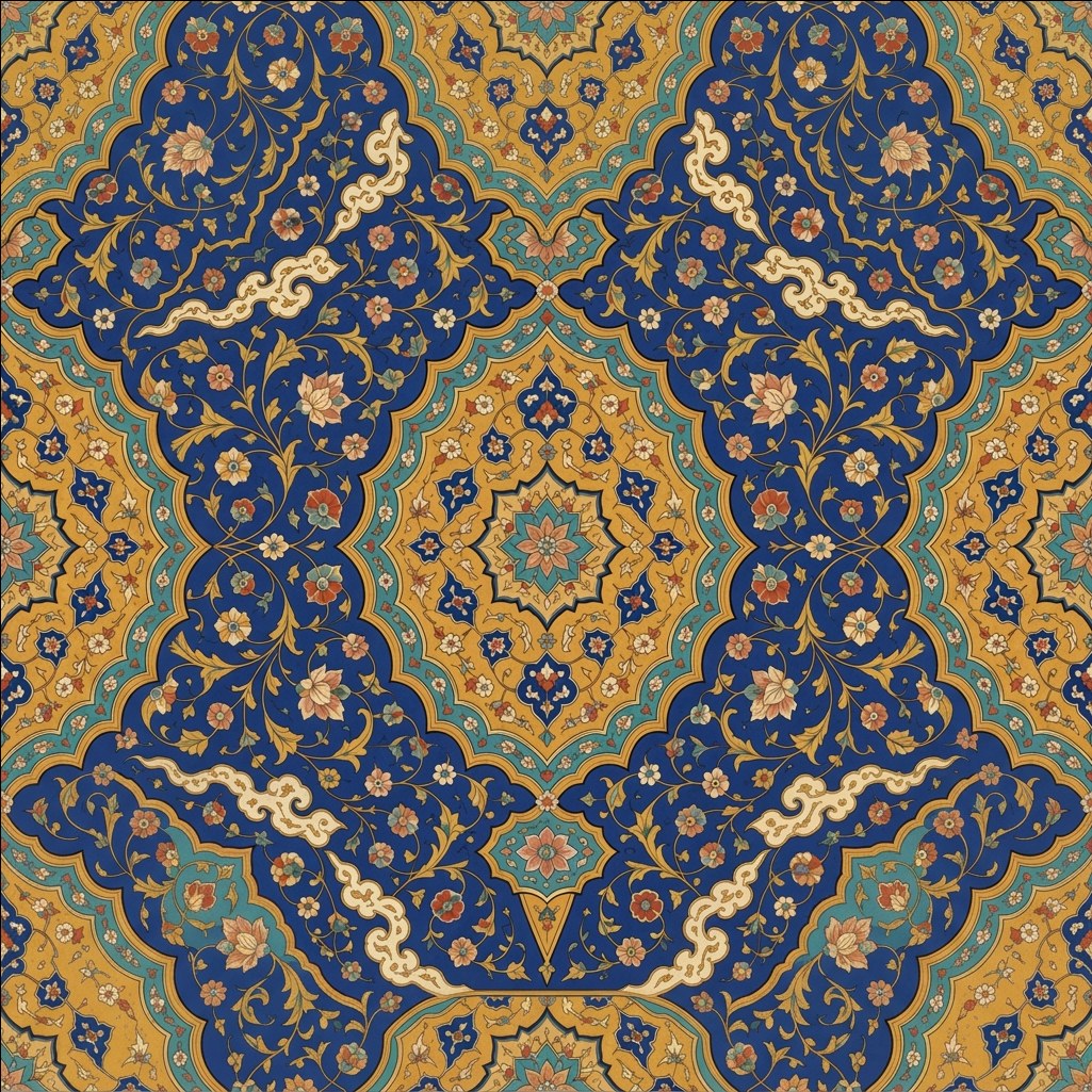 Das Lapis-Frontispiz, Tapetenmuster: safawidische Buchmalerei-Medaillons in Lapisblau und Gold mit Türkisbändern und elfenbeinfarbenen Wolken