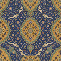 Das Lapis-Frontispiz, Tapetenmuster: safawidische Buchmalerei-Medaillons in Lapisblau und Gold mit Türkisbändern und elfenbeinfarbenen Wolken