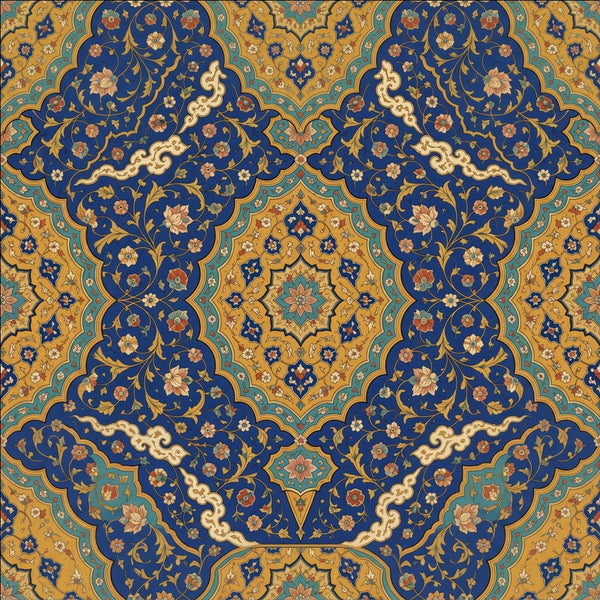 Das Lapis-Frontispiz, Tapetenmuster: safawidische Buchmalerei-Medaillons in Lapisblau und Gold mit Türkisbändern und elfenbeinfarbenen Wolken