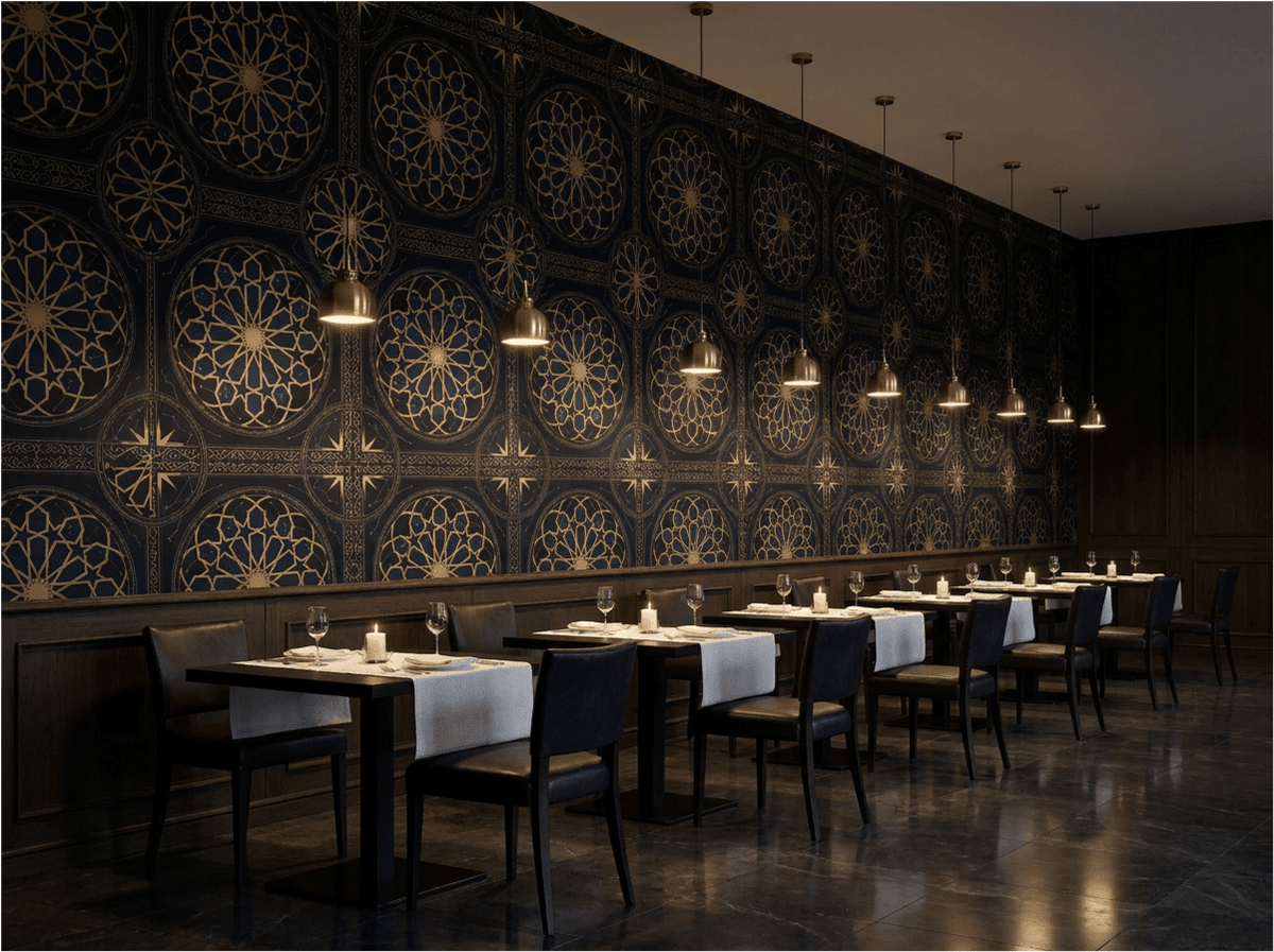 Midnight Medina Black and Gold Islamic Geometric Wallpaper - Carta Noor