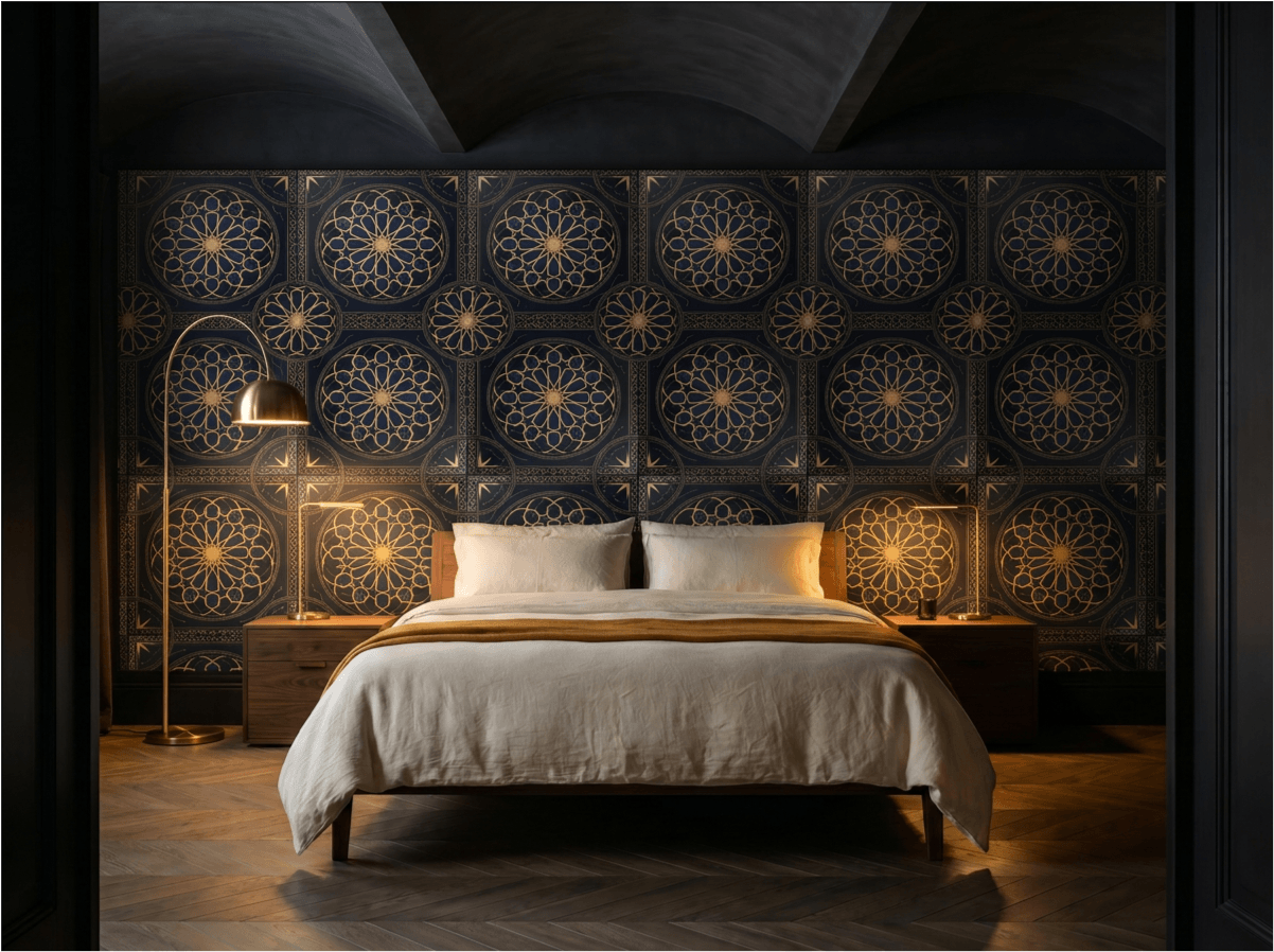 Midnight Medina black and gold geometric wallpaper as dining room feature wall — paired with brass pendants and dark velvet upholstery