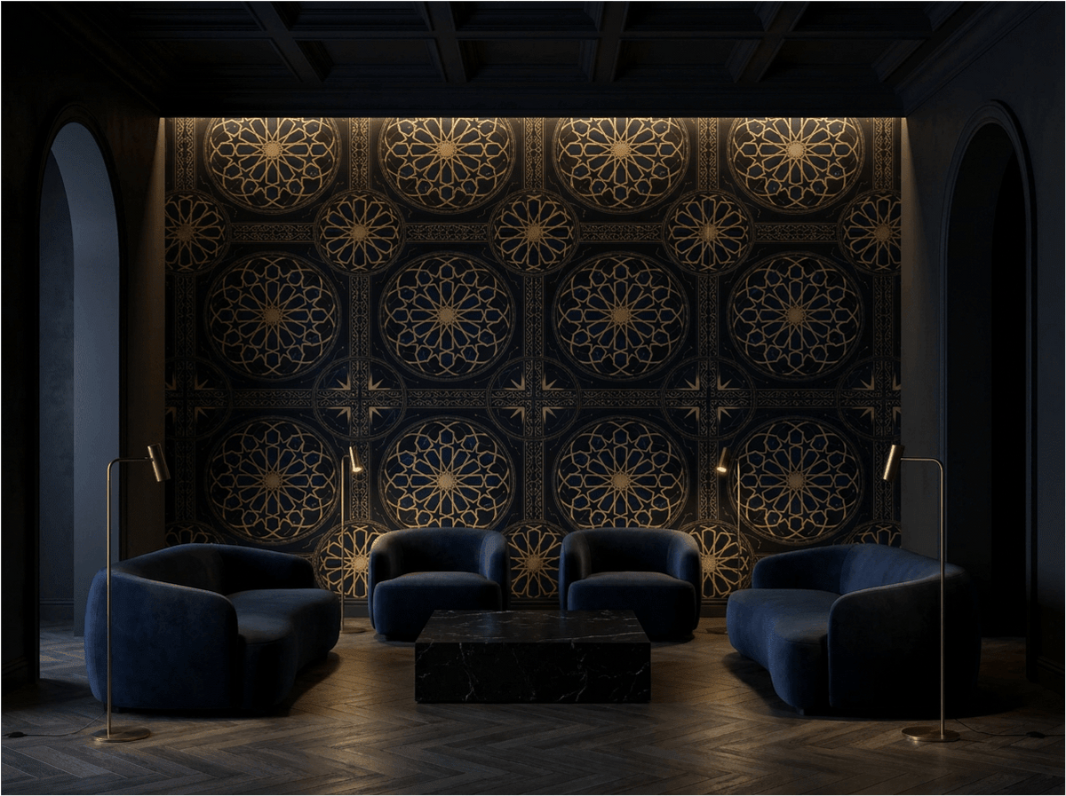 Midnight Medina Black and Gold Islamic Geometric Wallpaper - Carta Noor