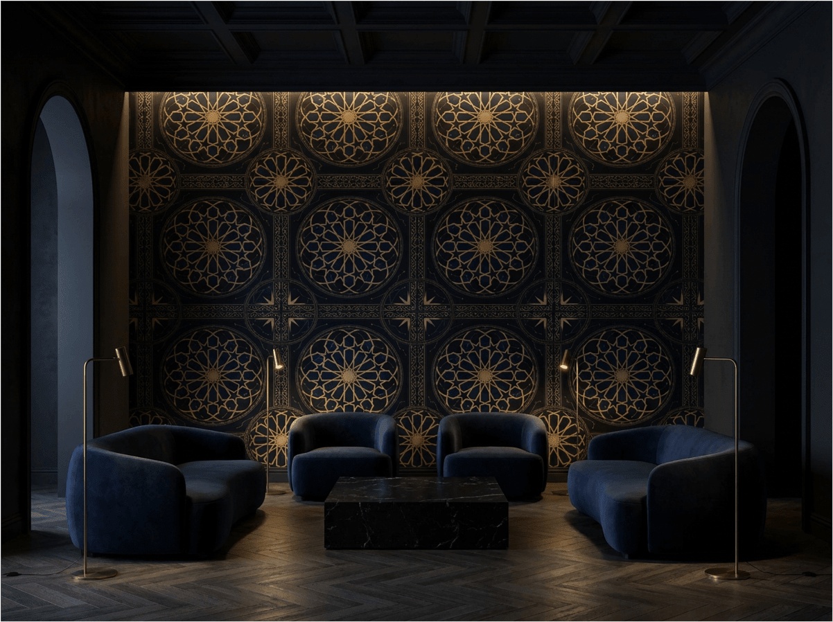Detail of Midnight Medina wallpaper showing precision gold line work on deep black ground — Islamic geometric star polygon pattern