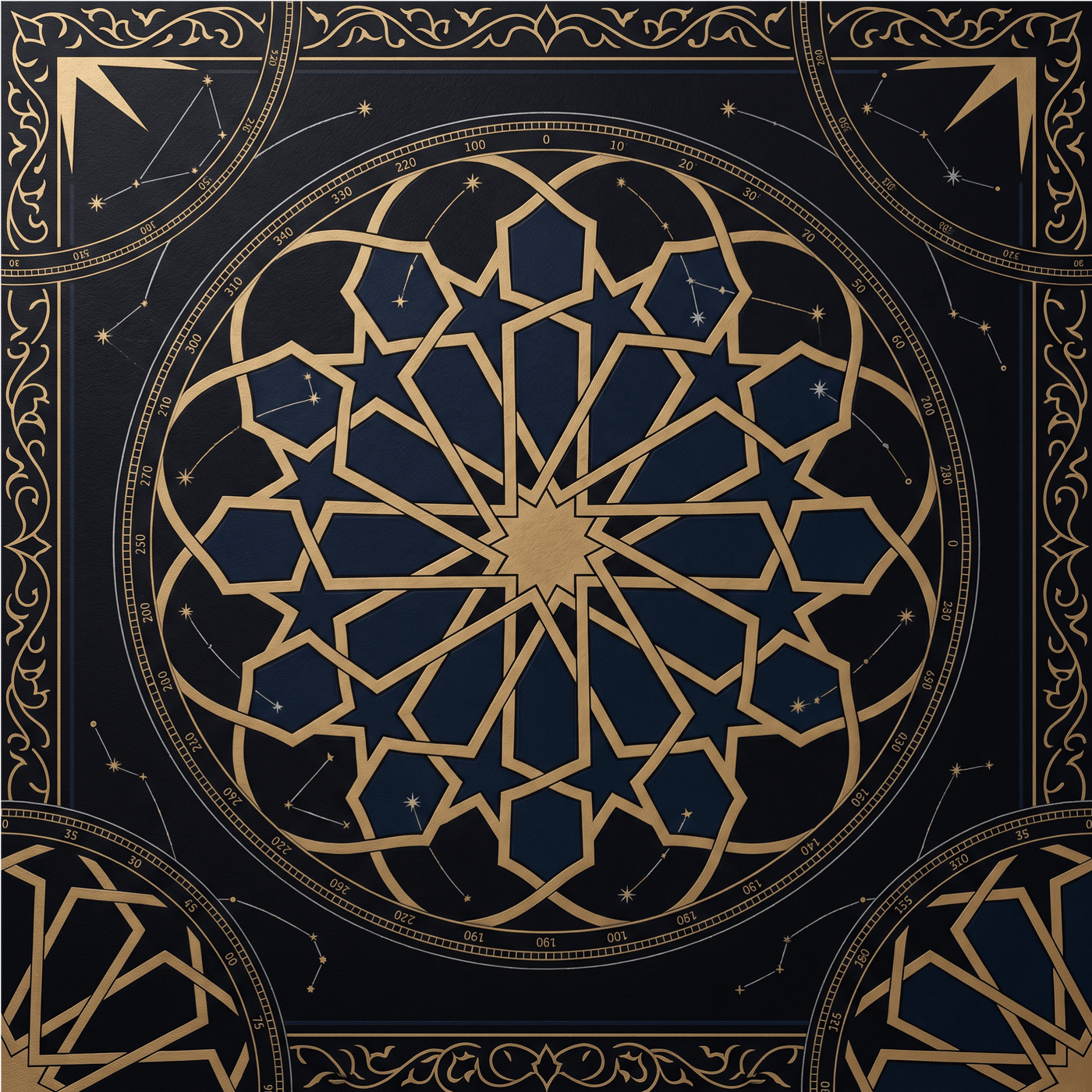 Midnight Medina black and gold Islamic geometric wallpaper — 12-pointed star lattice with astrolabe detail, luxury non-woven, EU printed
