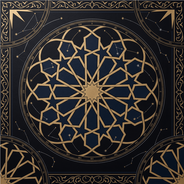 Midnight Medina black and gold Islamic geometric wallpaper — 12-pointed star lattice with astrolabe detail, luxury non-woven, EU printed