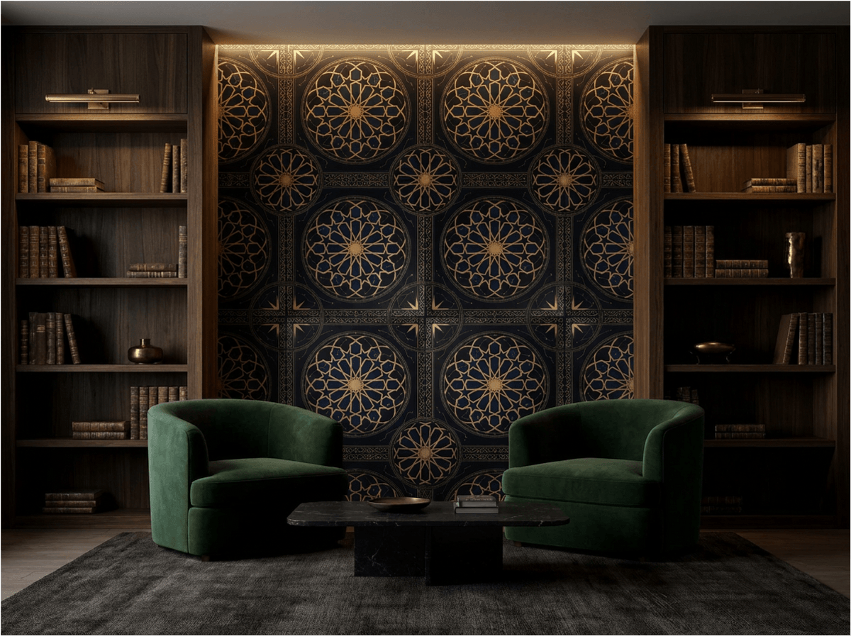 Midnight Medina Black and Gold Islamic Geometric Wallpaper - Carta Noor