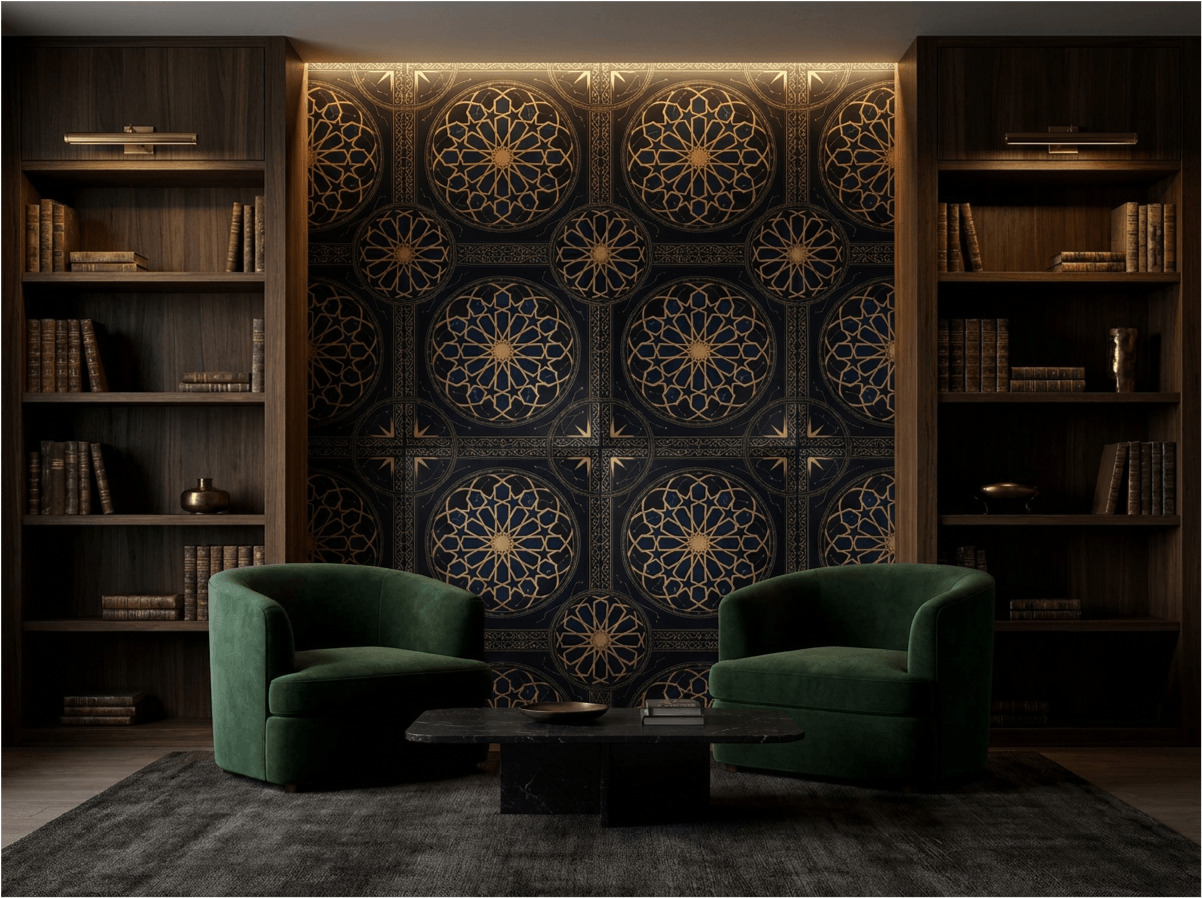 Detail of Midnight Medina wallpaper showing precision gold line work on deep black ground — Islamic geometric star polygon pattern