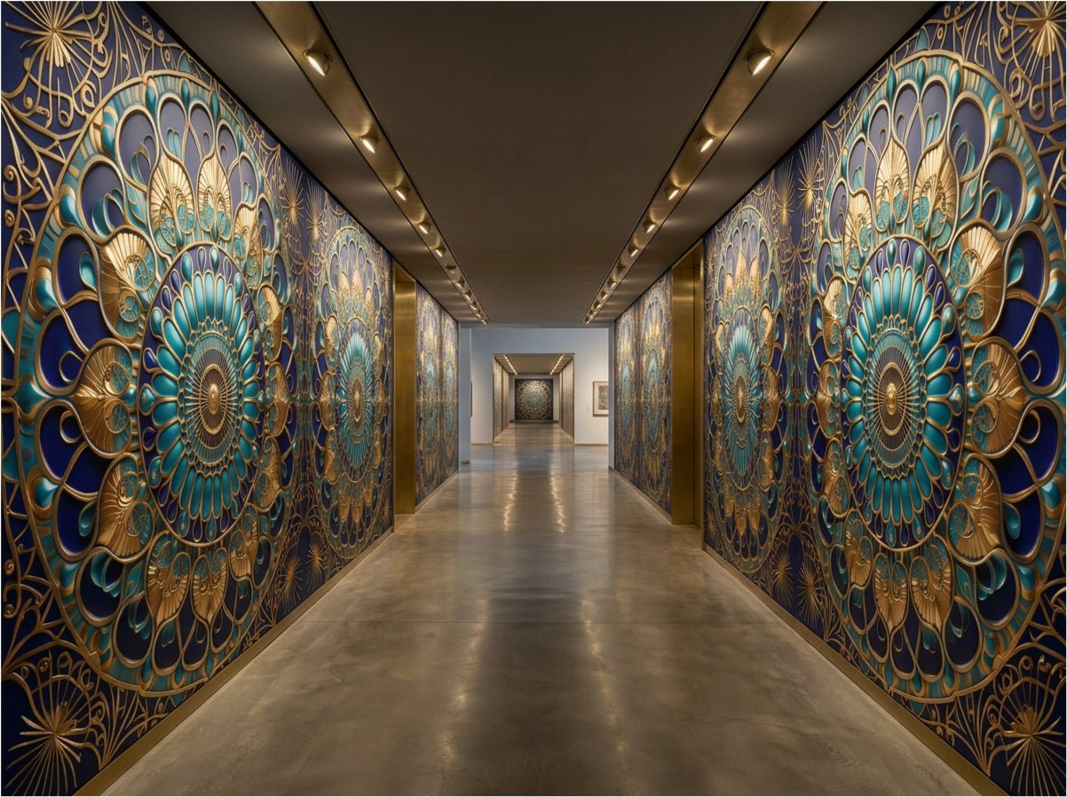 Ottoman Dome geometric wallcovering installed in boutique hotel corridor — radial pattern in deep teal and gold