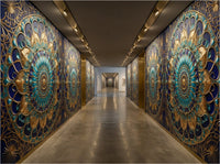 Ottoman Dome geometric wallcovering installed in boutique hotel corridor — radial pattern in deep teal and gold