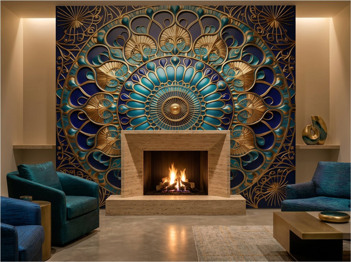 Ottoman Dome geometric wallcovering installed in boutique hotel corridor — radial pattern in deep teal and gold