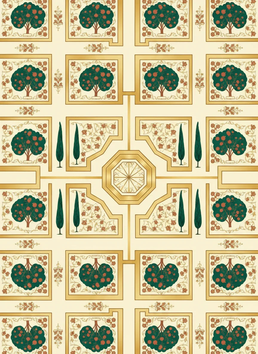 Persian garden inspired wallpaper with geometric layout, floral and tree motifs, gold accents