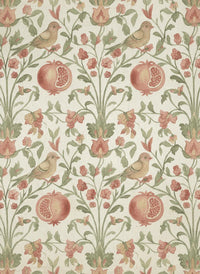 Luxury wallpaper with birds, pomegranates, and floral garden pattern in soft earth tones