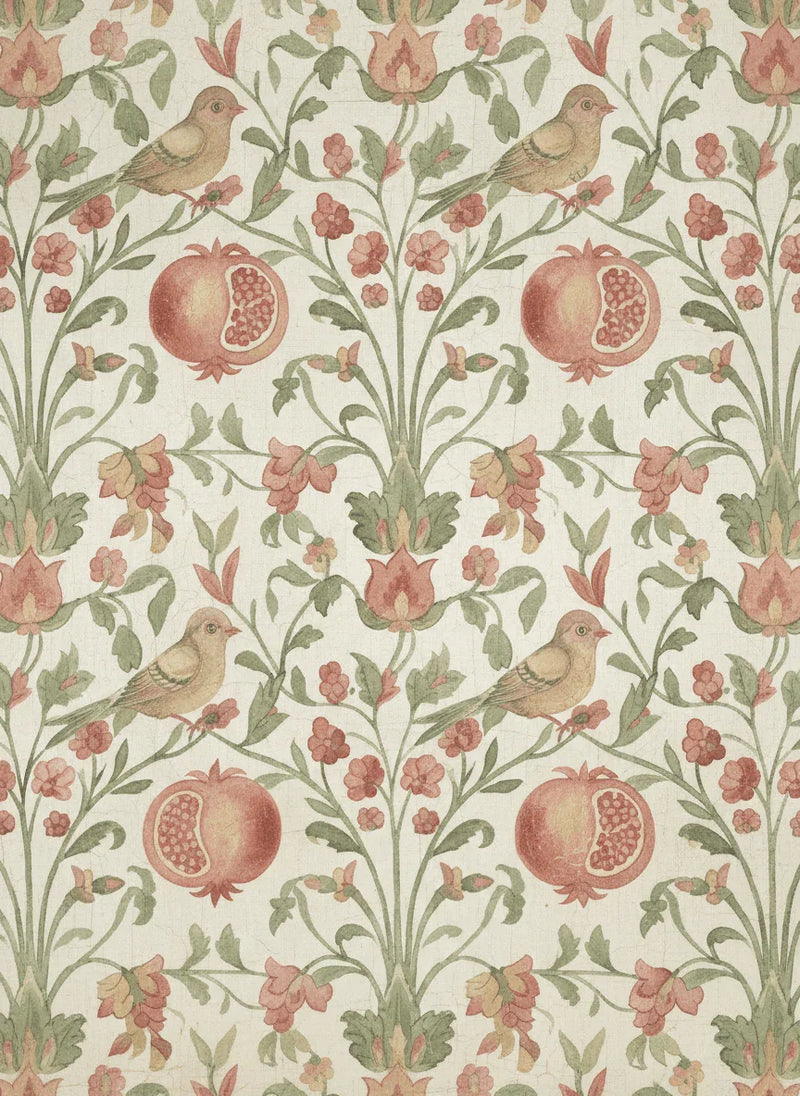 Luxury wallpaper with birds, pomegranates, and floral garden pattern in soft earth tones