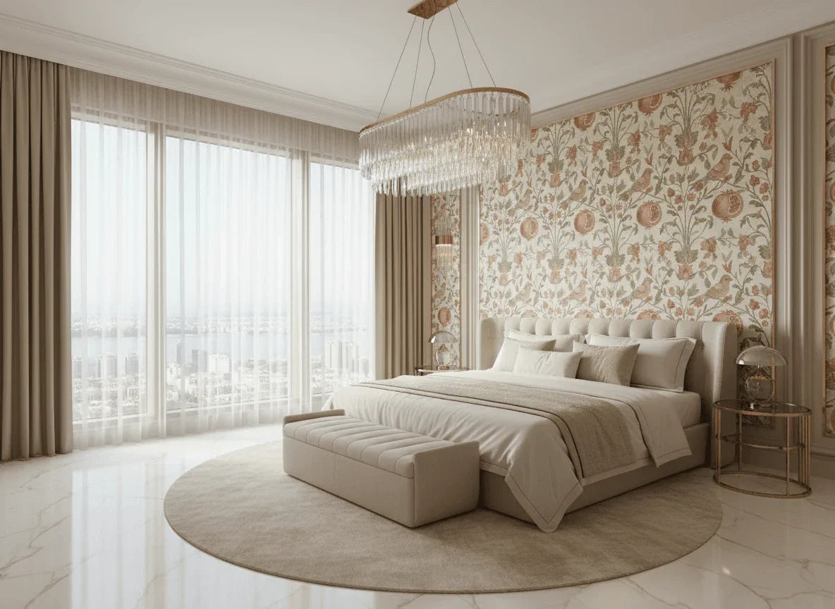 Luxury bedroom with floral pomegranate designer wallpaper and modern chandelier