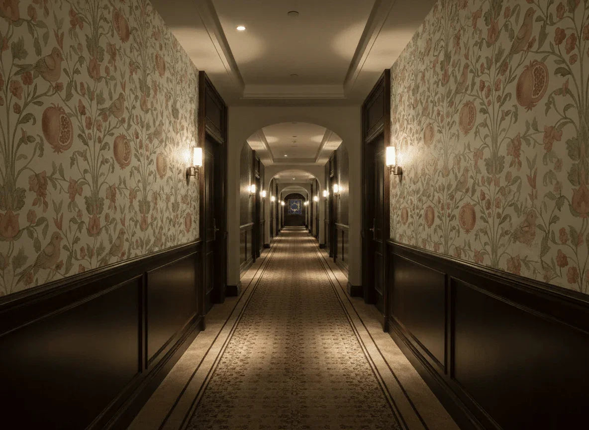 Elegant hallway with luxury floral and pomegranate patterned designer wallpaper, soft lighting