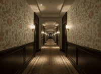 Elegant hallway with luxury floral and pomegranate patterned designer wallpaper, soft lighting