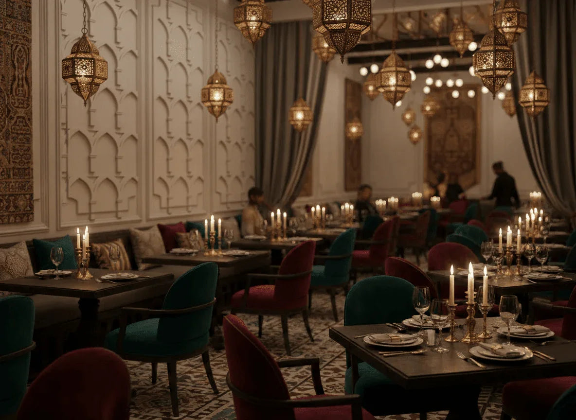 Luxurious restaurant with arched wall panels, ornate lanterns, and elegant table settings