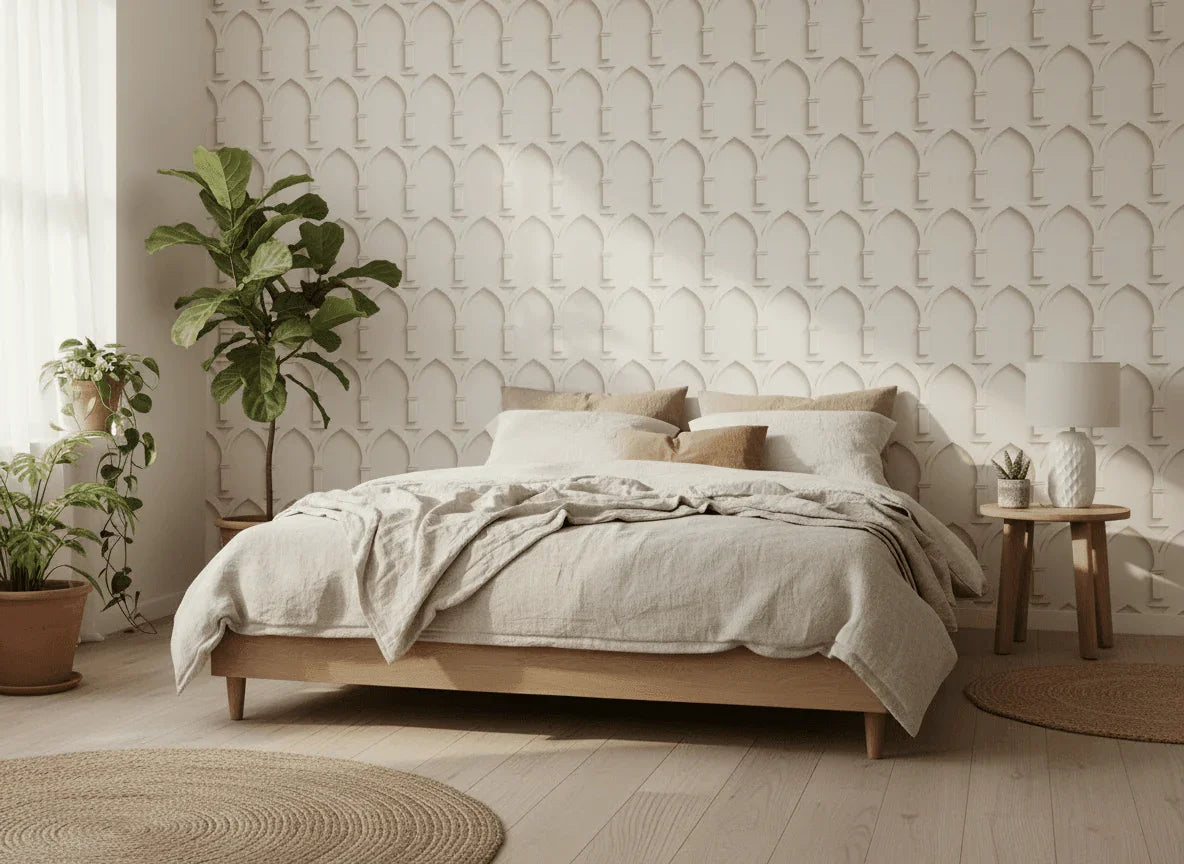 Modern bedroom with archway patterned wallpaper, neutral bedding, and indoor plants