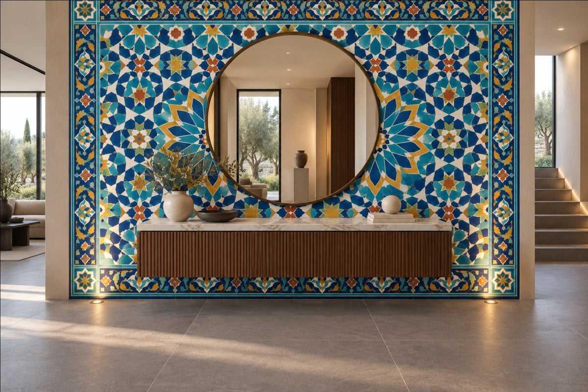 Samarkand Blue tile-look mural wallpaper in an entrance hall with a round brass mirror and floating walnut console