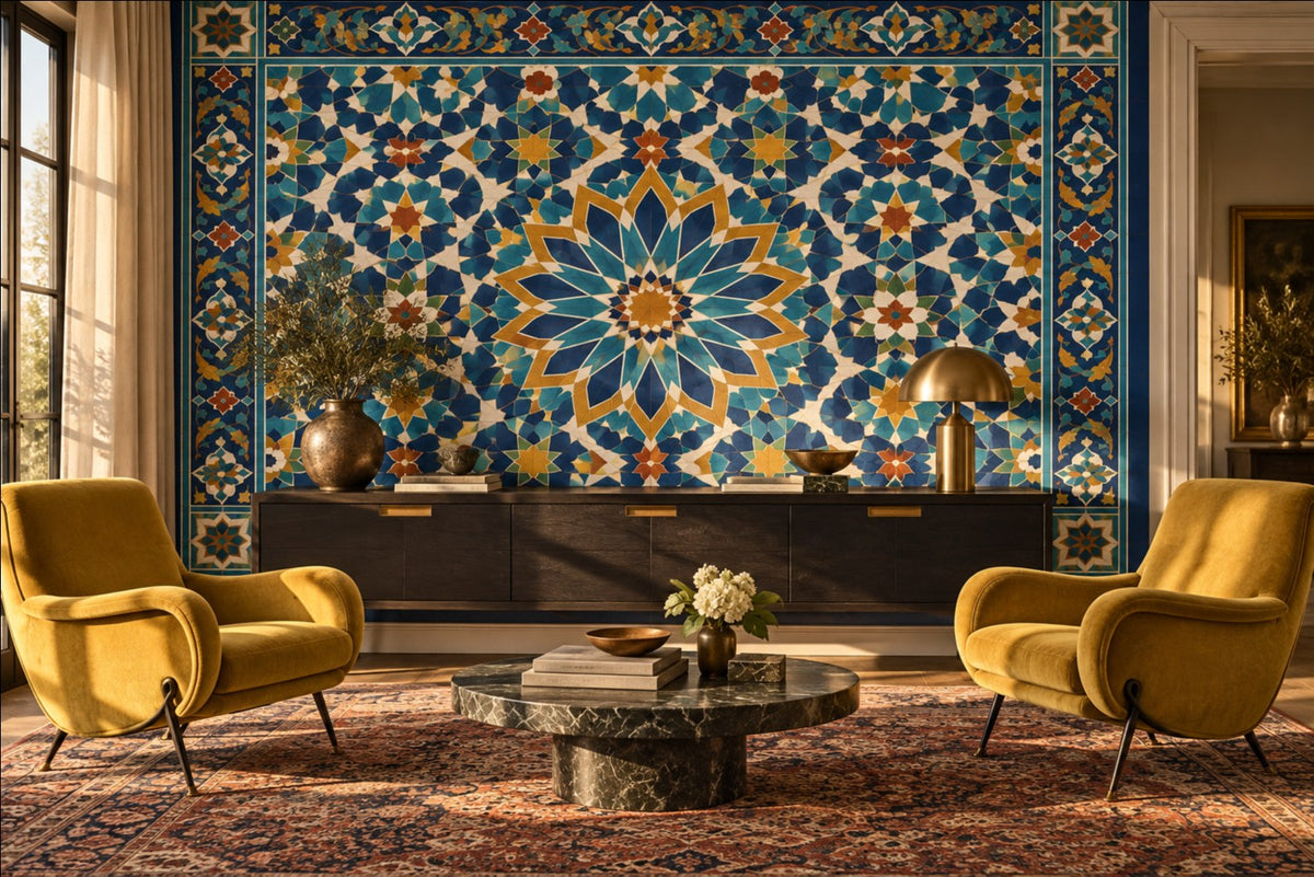 Samarkand Blue tile-look mural wallpaper in a sitting room behind a walnut sideboard, with ochre velvet armchairs and a Persian rug