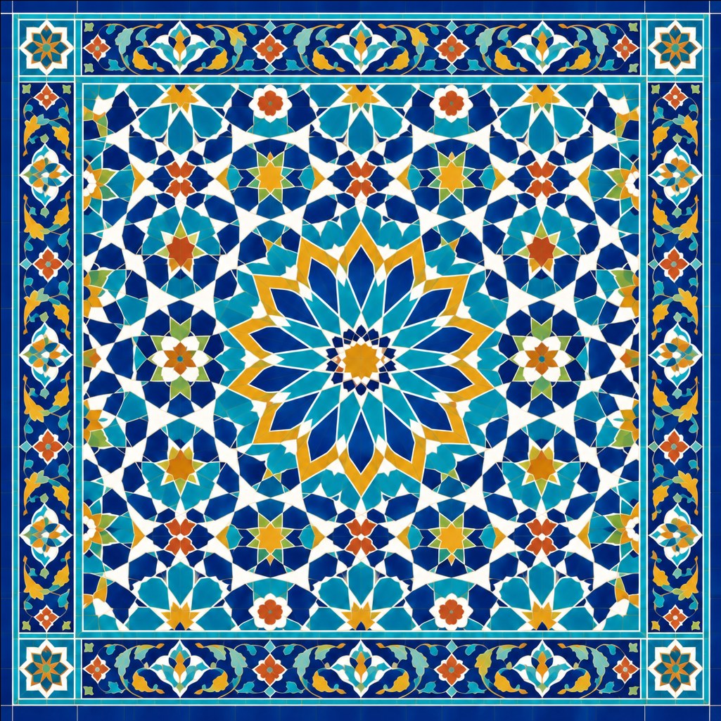 Samarkand Blue Timurid tile mosaic mural wallpaper: full design with sunburst medallion, girih star field and lotus borders in cobalt, turquoise and saffron