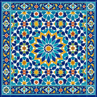Samarkand Blue Timurid tile mosaic mural wallpaper: full design with sunburst medallion, girih star field and lotus borders in cobalt, turquoise and saffron