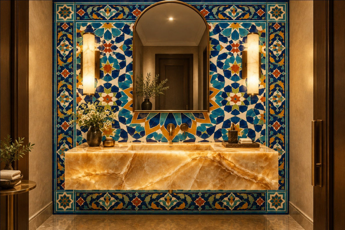 دیوارنگاره آبی سمرقند با نمای کاشی در سرویس بهداشتی مهمان با روشویی اونیکس، آینه طاق‌دار و چراغ‌های دیواری مرمری