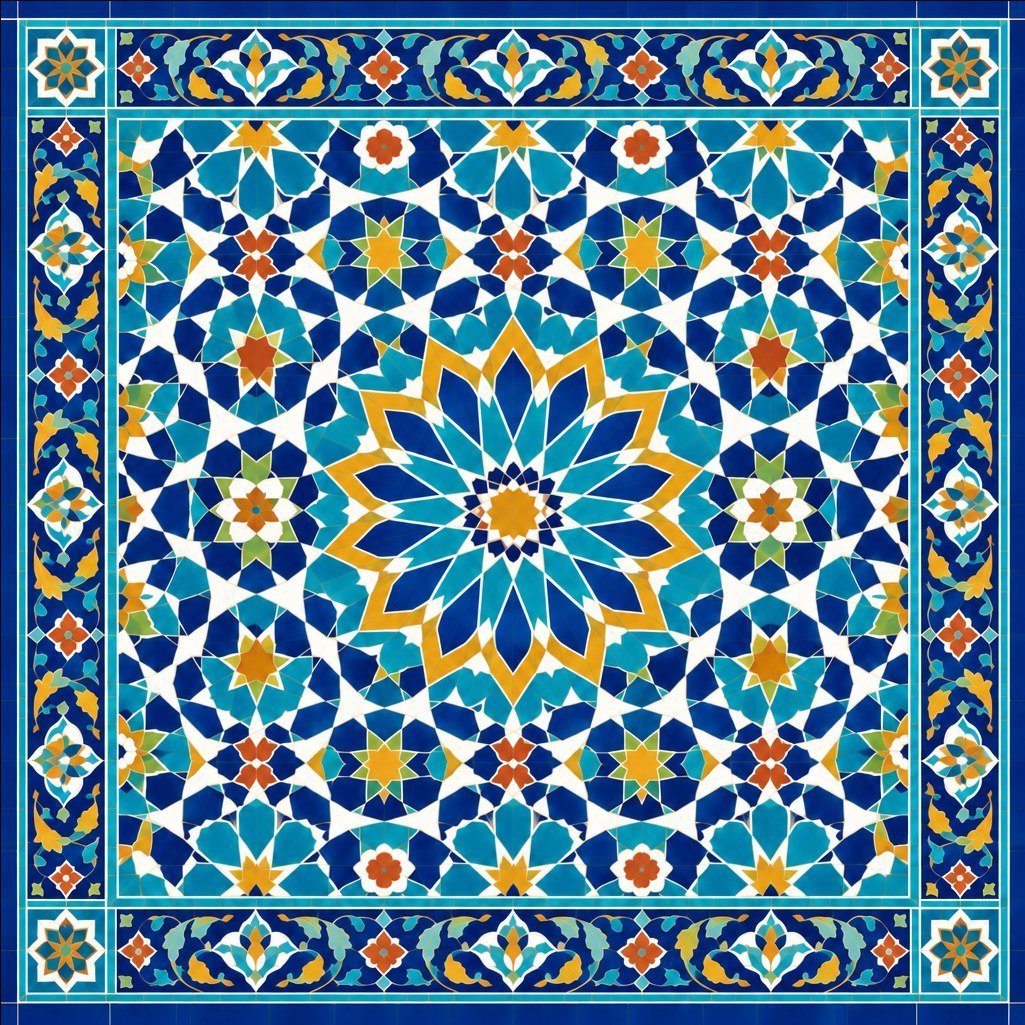 دیوارنگاره آبی سمرقند با کاشی‌کاری معرق تیموری: طرح کامل با شمسه، زمینه ستاره‌ای گره‌چینی و حاشیه نیلوفری در رنگ‌های لاجوردی، فیروزه‌ای و زعفرانی
