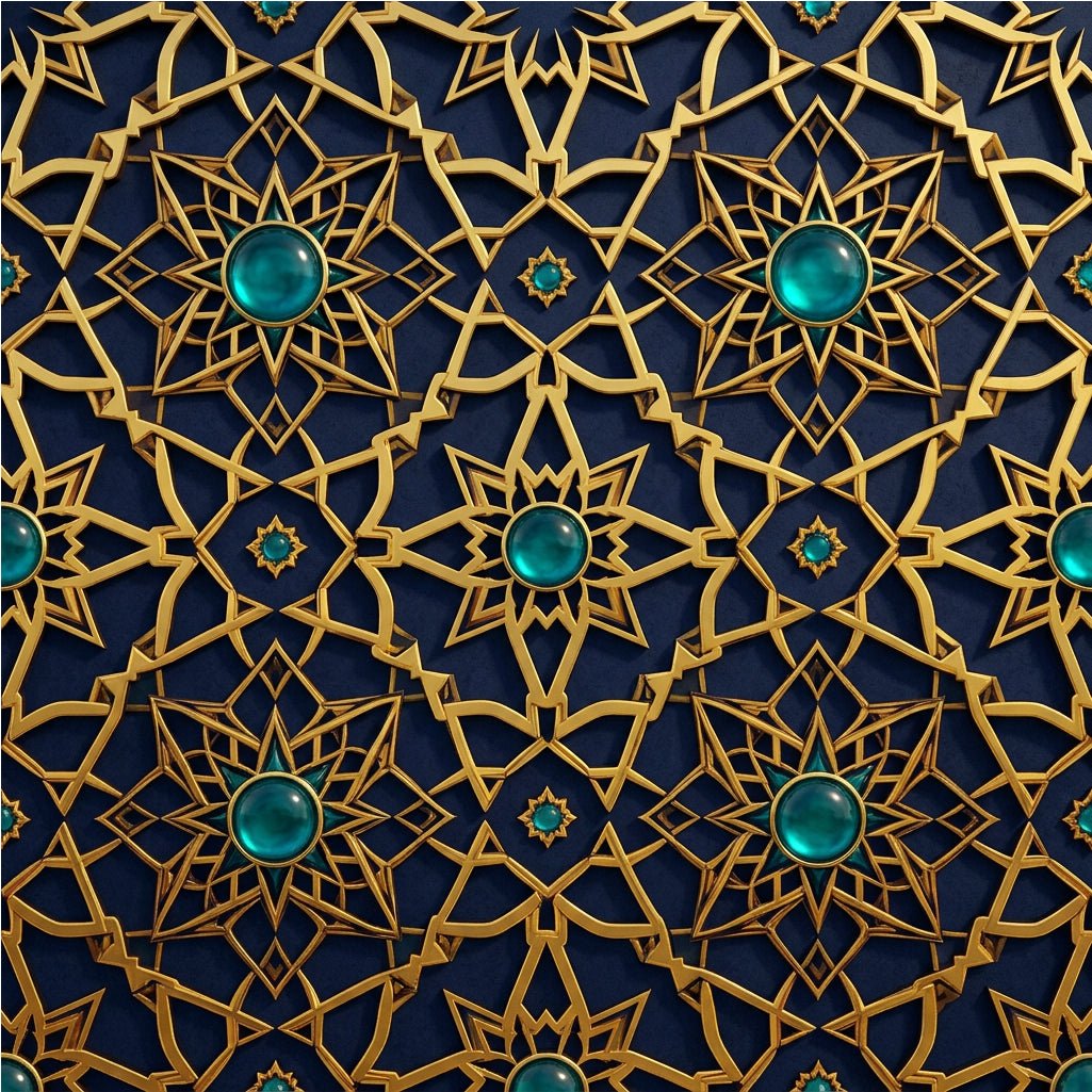 Alhambra geometric luxury wallpaper — eight-pointed star lattice in antique gold and warm ivory, EU printed on premium non-woven, shown as bedroom feature wall