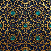 Alhambra geometric luxury wallpaper — eight-pointed star lattice in antique gold and warm ivory, EU printed on premium non-woven, shown as bedroom feature wall
