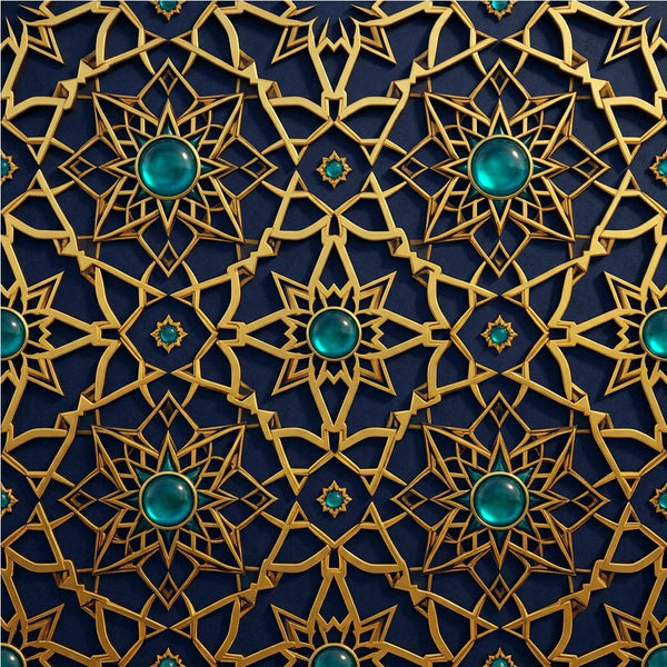 Alhambra geometric luxury wallpaper — eight-pointed star lattice in antique gold and warm ivory, EU printed on premium non-woven, shown as bedroom feature wall